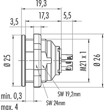 Scale drawing Push Pull Female panel mount connector, Contacts: 3, shieldable, solder, IP67, M21x1,0, Front mounting