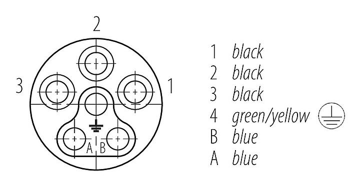Contact arrangement (Plug-in side) Bayonet Female panel mount connector, Contacts: 6, shieldable, single wires, IP66/IP67, UL 2237, M20x1.5, Front mounting