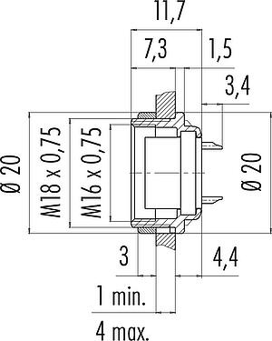 Scale drawing M16 Female panel mount connector, Contacts: 14 (14-b), unshielded, solder, IP40, M18x0,75, Rear mounting