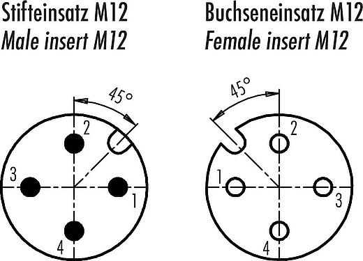 Disposition des contacts (Côté plug-in) M12 Traversée de panneau, Contacts: 4, blindé, enfichable, IP67, M12x1,0