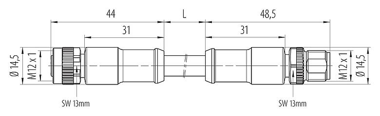 Dessin coté M12 Câble de raccordement connecteur mâle - connecteur femelle, Contacts: 4, non blindé, surmoulé sur le câble, IP68, UL 2238, PUR, noir, 4 x 1,50 mm², 2 m