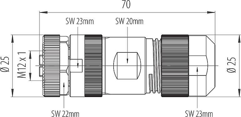 Dessin coté M12 Connecteur femelle, Contacts: 4+FE, 8,0-13,0 mm, non blindé, pince à visser, IP67, UL 2238, M12x1,0
