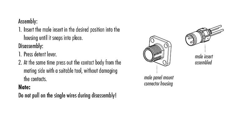 Assembly instructions M12 Square male panel mount connector, Contacts: 4, unshielded, single wires, IP69k, IP68, IP67, UL 2238, M3 (4x), Front mounting, Square housing 26 mm, Positionable coding alignment