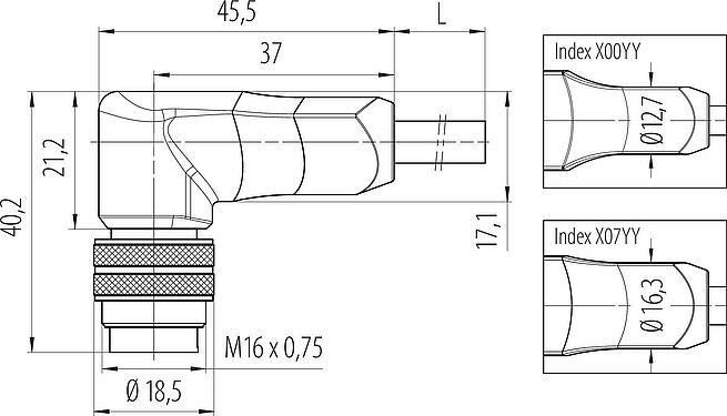 Scale drawing M16 Male angled connector, Contacts: 12, unshielded, moulded on the cable, IP67, PUR, black, 12 x 0.25 mm², 5 m