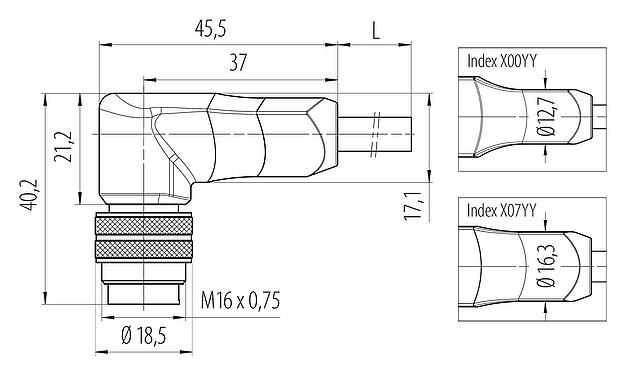 Dibujo a escala M16 Conector macho en ángulo, Número de contactos: 12, sin blindaje, moldeado en el cable, IP67, PUR, negro, 12 x 0,25 mm², 5 m