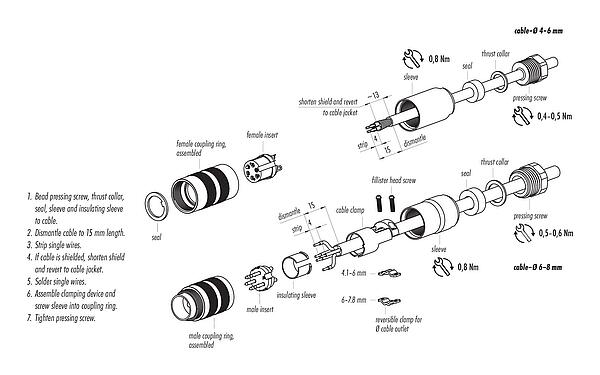 Assembly instructions M16 Male cable connector, Contacts: 4 (04-a), 6.0-8.0 mm, shieldable, solder, IP67, UL 2238