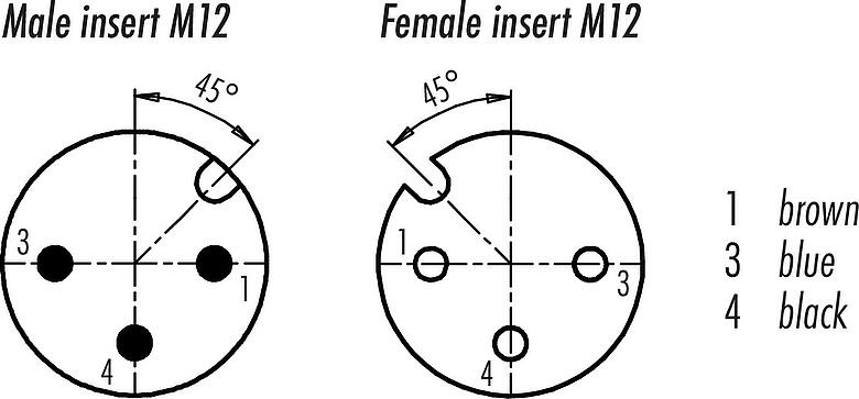 Disposition des contacts (Côté plug-in) M12 Câble de raccordement connecteur mâle - connecteur femelle coudé avec LED, Contacts: 3, non blindé, surmoulé sur le câble, IP68/IP69K, PUR, noir, 3 x 0,34 mm², avec LED, PNP, 1 m