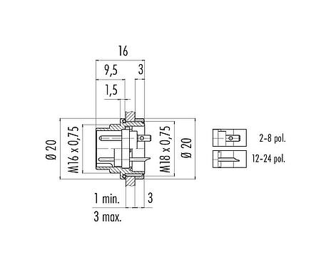 Dessin coté M16 Embase mâle, Contacts: 3 (03-a), non blindé, souder, IP67, UL 2238, M18x0,75, Montage frontal