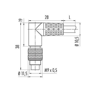 Scale drawing M9 Female angled connector, Contacts: 7, shielded, moulded on the cable, IP67, PUR, black, 8 x 0.14 mm², 2 m