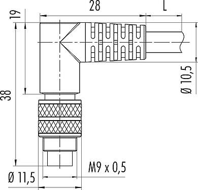 Dibujo a escala M9 Conector hembra en ángulo, Número de contactos: 3, blindado, moldeado en el cable, IP67, PUR, negro, 5 x 0,25 mm², 5 m