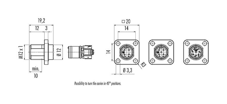 Dibujo a escala M12 Conector de montaje en panel macho cuadrado, Número de contactos: 8, sin blindaje, UL 2238, M3 (4x), Montaje frontal, Alineación de codificación posicionable