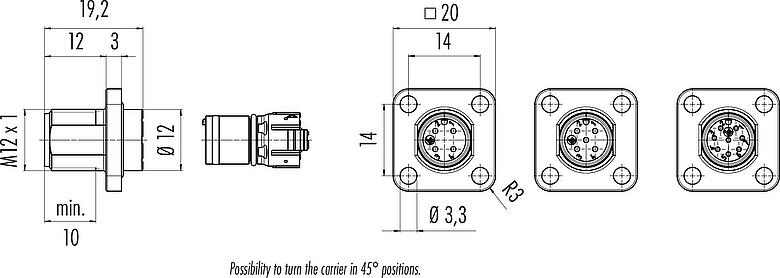 Scale drawing M12 Square male panel mount connector, Contacts: 8, unshielded, UL 2238, M3 (4x), Front mounting, Positionable coding alignment