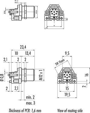 Dessin coté M12 Embase mâle, Contacts: 8, blindable, THR, IP68, UL 2238, M12x1,0, Montage mural arrière, pour assemblage PCB