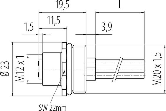 Dibujo a escala M12 Toma de brida, Número de contactos: 4, sin blindaje, hilos, IP68, UL 2238, M20x1,5, Montaje frontal, moldeado