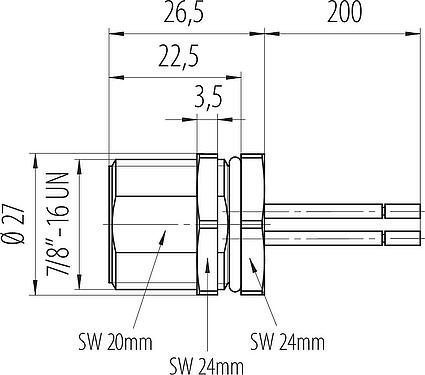 Dibujo a escala 7/8" Enchufe de brida, Número de contactos: 4+PE, sin blindaje, hilos, IP68, UL 2238, VDE, Montaje frontal, moldeado