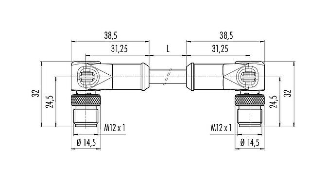 Scale drawing M12 Connecting cable 2 male angled connector, Contacts: 8, shielded, moulded on the cable, IP67, Ethernet CAT5e, TPE, black, 4 x 2 x AWG 24, 0.3 m