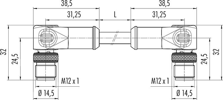 Dibujo a escala M12 cable de conexión 2 conector macho en ángulo, Número de contactos: 8, blindado, moldeado en el cable, IP67, Ethernet CAT5e, TPE, azul/verde, 4 x 2 x AWG 24, 0,6 m