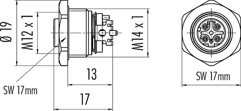 Dibujo a escala M12 Toma de brida, Número de contactos: 4, blindable, SMT, IP67, M14x1,0, Montaje frontal