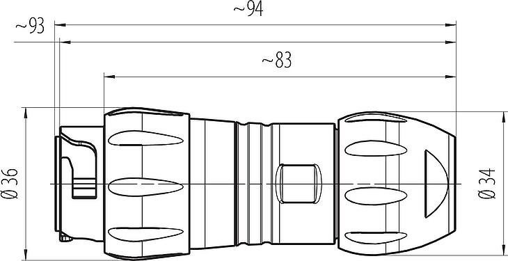 Scale drawing Bayonet Male cable connector, Contacts: 4+PE, unshielded, screw clamp, IP67, UL 2238 (in preparation), UV resistant