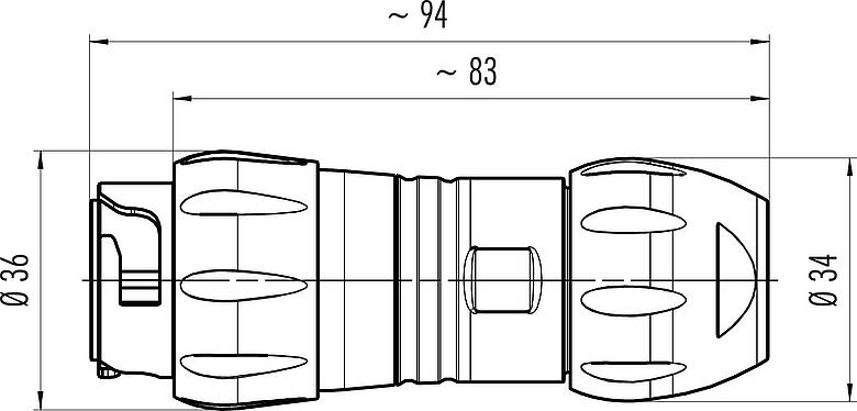 Dibujo a escala Bayoneta Conector de cable macho, Número de contactos: 4+PE, 7,0-17,0 mm, sin blindaje, crimpado (los contactos de crimpado deben pedirse por separado), IP68/IP69K, UL 2238, VDE, UV-Beständig
