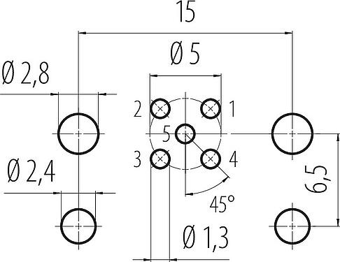 Conductor layout M12 Male receptacle, Contacts: 5, unshielded, THT, IP67
