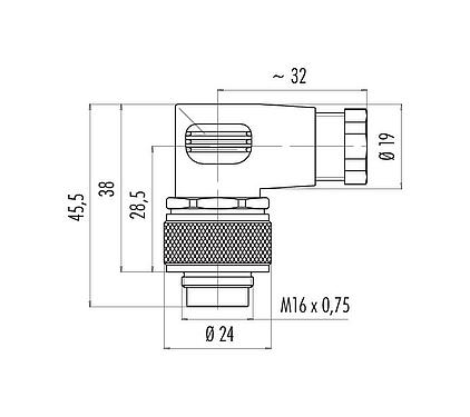 Scale drawing M16 Male angled connector, Contacts: 4 (04-a), 6.0-8.0 mm, unshielded, solder, IP67
