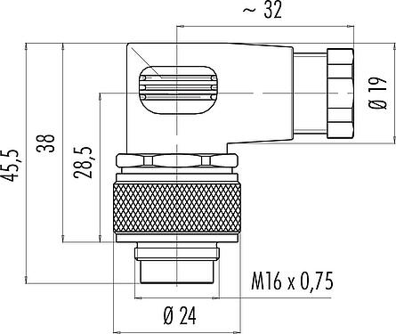 Dessin coté M16 Connecteur mâle coudé, Contacts: 5 (05-a), 4,0-6,0 mm, non blindé, souder, IP67