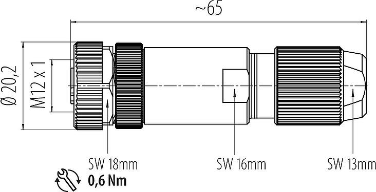 Dessin coté M12 Connecteur femelle, Contacts: 4, 5,0-8,0 mm, blindable, pince à visser, IP67, UL 2238, ressort à iris