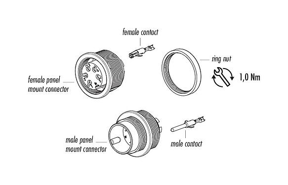 Component part drawing M16 Female panel mount connector, Contacts: 8 (08-a), unshielded, crimping (Crimp contacts must be ordered separately), IP40, M18x0,75, Front mounting