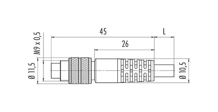 Dibujo a escala M9 Conector de cable macho, Número de contactos: 5, blindado, moldeado en el cable, IP67, PUR, negro, 5 x 0,25 mm², 2 m