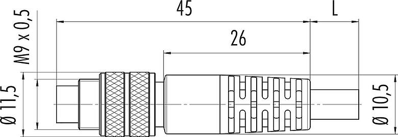 Scale drawing M9 Male cable connector, Contacts: 3, shielded, moulded on the cable, IP67, PUR, black, 5 x 0.25 mm², 2 m