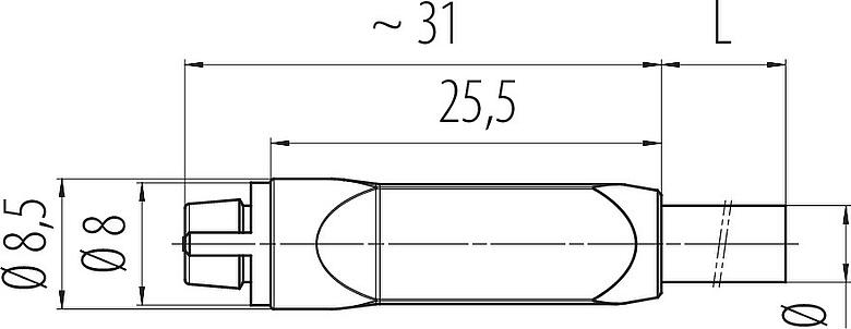 Dibujo a escala Snap-In Conector de cable hembra, Número de contactos: 3, sin blindaje, moldeado en el cable, IP40, PVC, negro, 3 x 0,25 mm², 5 m
