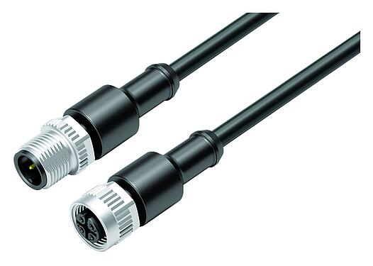 Illustration M12 Connecting cable male cable connector - female cable connector, Contacts: 3, unshielded, moulded on the cable, IP67/IP69K, UL 2238, TPE, black, 3 x AWG 22, 1 m