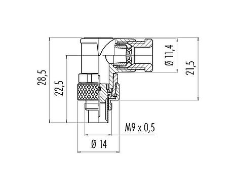 Scale drawing M9 Male angled connector, Contacts: 5, 3.5-5.0 mm, unshielded, solder, IP67