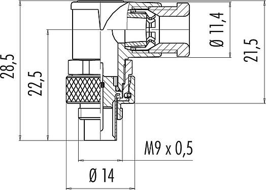 Dibujo a escala M9 Conector macho en ángulo, Número de contactos: 4, 3,5-5,0 mm, sin blindaje, soldadura, IP67