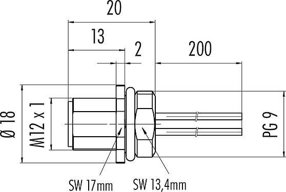 Dibujo a escala M12 Enchufe de brida, Número de contactos: 4, sin blindaje, hilos, IP67, UL 2238, VDE, PG 9, Montaje frontal, para la fuente de alimentación (potencia), moldeado