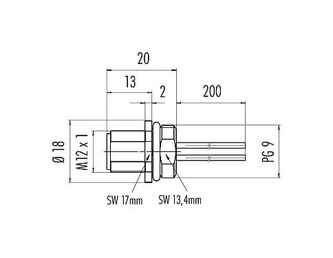 Dessin coté M12 Embase mâle, Contacts: 4, non blindé, fils, IP67, UL 2238, VDE, PG 9, Montage frontal, pour l'alimentation électrique, coulé