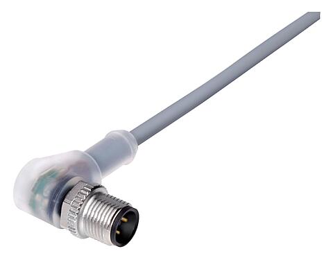Illustration M12 Male angled connector, Contacts: 4, unshielded, moulded on the cable, IP68/IP69K, UL 2238, PVC, grey, 4 x 0.34 mm², with LED PNP closer, 10 m