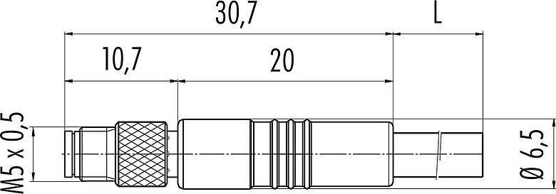 Scale drawing M5 Male cable connector, Contacts: 3, unshielded, moulded on the cable, IP67, UL 2238, M5x0.5, PUR, black, 3 x 0.25 mm², 2 m