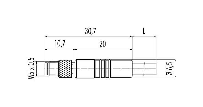 Scale drawing M5 Male cable connector, Contacts: 3, unshielded, moulded on the cable, IP67, UL 2238, M5x0.5, PUR, black, 3 x 0.14 mm², 5 m