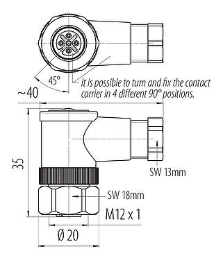 Dessin coté M12 Connecteur femelle coudé, Contacts: 4, 4,0-6,0 mm, non blindé, pince à visser, IP67, UL 2238