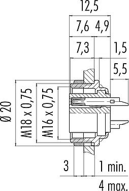Scale drawing M16 Female panel mount connector, Contacts: 3 (03-a), unshielded, solder, IP40, M18x0,75, Rear mounting