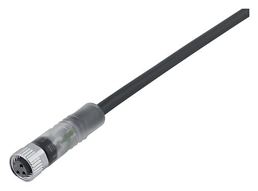 Illustration M8 Female cable connector, Contacts: 3, unshielded, moulded on the cable, IP67/IP69K, UL 2238, PUR, black, 3 x 0.34 mm², with LED PNP closer, 5 m
