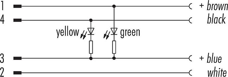 Schémas d’affectation des broches M12/M8 Connecteur mâle - connecteur d‘angle femelle, Contacts: 4, non blindé, surmoulé sur le câble, IP67/IP69K, PUR, noir, 4 x 0,25 mm², avec LED, PNP, 1 m