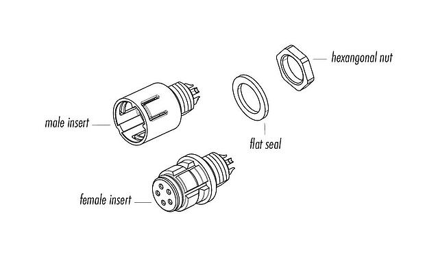 Component part drawing Snap-In Male panel mount connector, Contacts: 3, unshielded, THT, IP67, M8x0,75, Front mounting