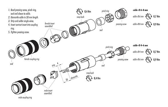 Assembly instructions M16 Female cable connector, Contacts: 2 (02-a), 6.0-8.0 mm, unshielded, solder, IP67