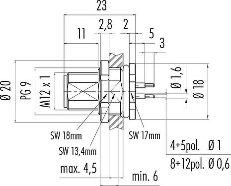 Dibujo a escala M12 Enchufe de brida, Número de contactos: 4, sin blindaje, THT, IP68, UL 2238, PG 9, Montaje en pared