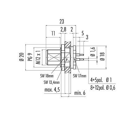 Dibujo a escala M12 Enchufe de brida, Número de contactos: 4, sin blindaje, THT, IP68, UL 2238, PG 9, Montaje en pared