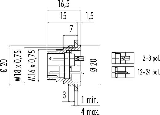 Scale drawing M16 Male panel mount connector, Contacts: 3 (03-a), unshielded, solder, IP40, M18x0,75, Rear mounting