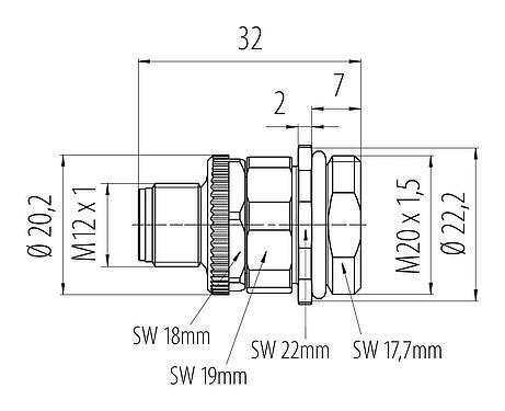 Dibujo a escala M12 Enchufe de brida, Número de contactos: 4, sin blindaje, tornillo extraíble, IP68, UL 2238, VDE, M20x1,5, Montaje frontal
